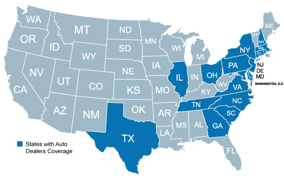 States with Auto Dealers' Coverage - NH, MA, RI, CT, NY, NJ, DE, MD, PA, VA, D.C., NC, SC, GA, TN, OH, IL, TX