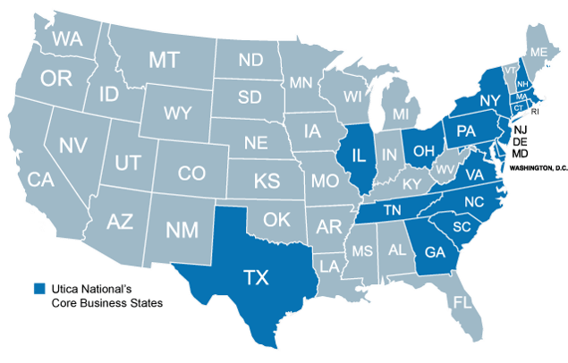 Utica National's Core Business States - NH, MA, RI, CT, NY, NJ, DE, MD, PA, VA, D.C., NC, SC, GA, TN, OH, IN, IL, TX