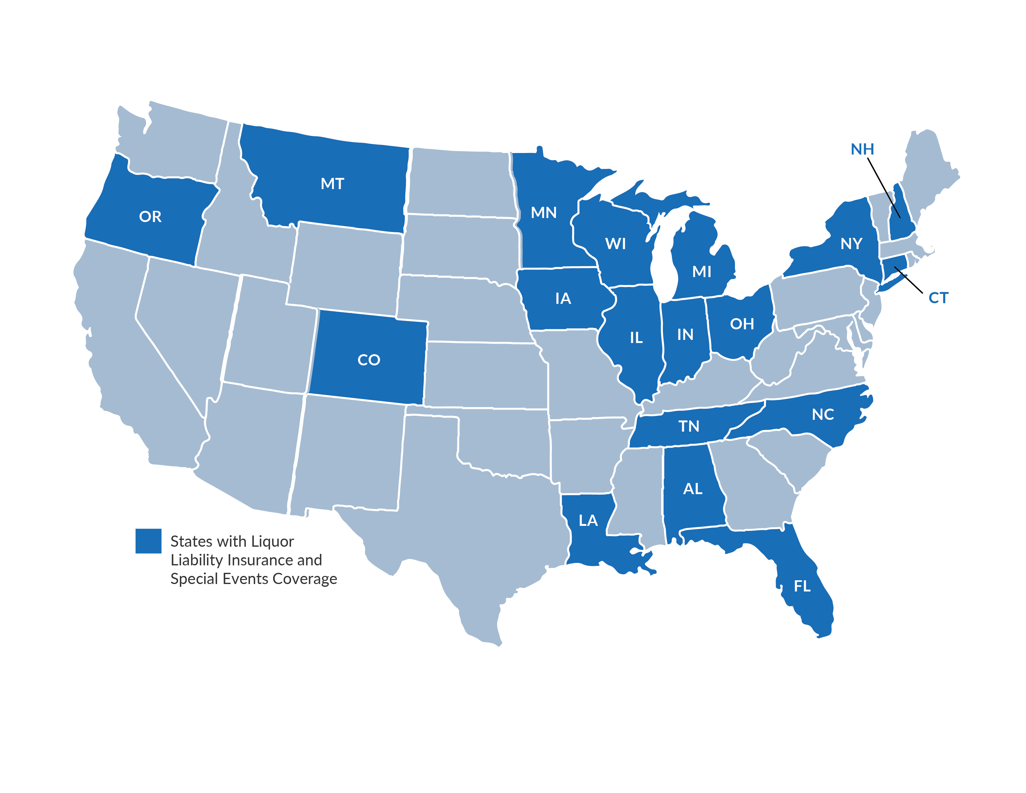 States with Liquor Liability Insurance and Special Events Coverage - NH,  CT, NY, NC, TN, AL, FL, LA, OH, IN, IL, MI, WI, MN, IA, MT, CO, OR